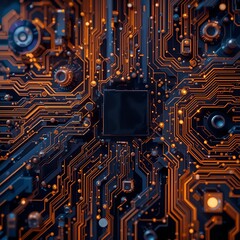 Glowing Orange and Blue Circuit Board Abstract Technology Background
