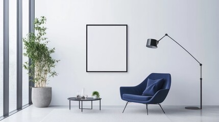 Modern living room with a potted plant, art piece, and comfortable chair.