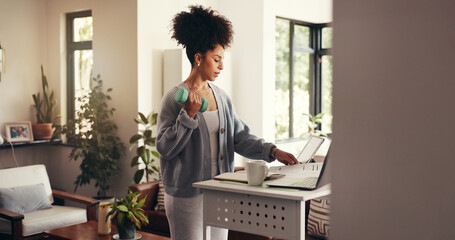 Multitasking, remote work and woman with dumbbell, laptop or standing desk for project and...