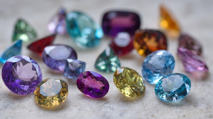 Assorted jewelry gemstones displayed on a light-colored surface