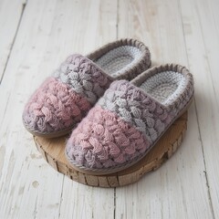 Gray and Pink Textured Slippers on Wooden Board
