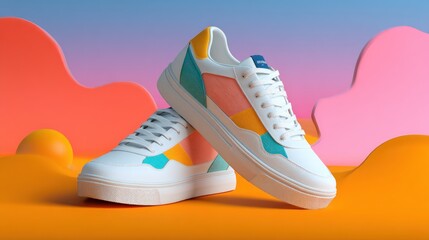 Vibrant, colorful, and modern sneakers displayed on a dynamic, abstract background
