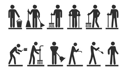 Pictogram Collection Depicting Cleaning and Maintenance Activities Featuring Silhouetted Figures in Various Poses with Cleaning Implements on a White Background