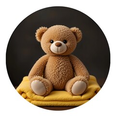Brown Plush Teddy Bear on Yellow Folded Baby Blanket Against Dark Background
