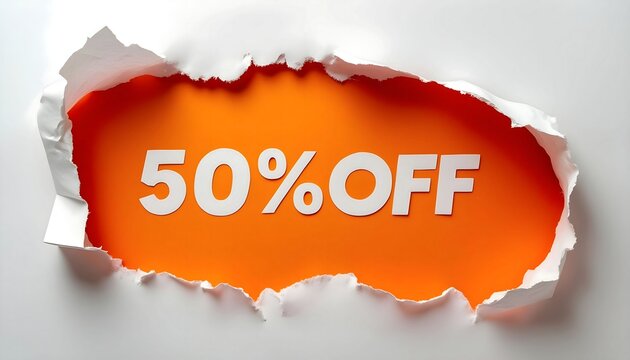 Fifty percent off special promotion sale discount offer limited time only torn paper style