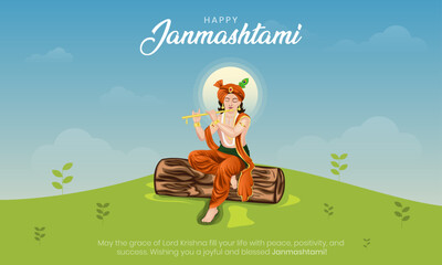 Happy Janmashtami banner and greeting card. Birthday celebration of Shree Lord Krishna, creative background vector illustration