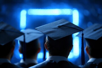 Graduation ceremony with students wearing academic caps and gowns blurred background