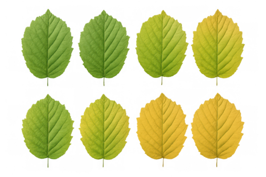 Autumn transition: green leaves gradually yellowing, fading from vibrant summer hue against transparent backdrop