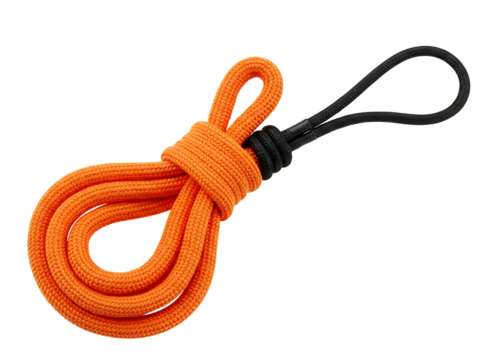 Bright orange bungee cord with black plastic ends isolated on transparent background