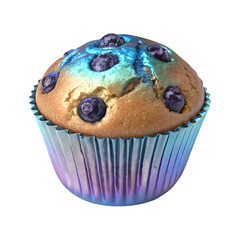 3D render of an iridescent titanium blueberry muffin with glossy topping on transparent background

