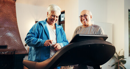 Elderly couple, treadmill and smile for fitness in home, walk and support with training in retirement. Senior man, woman and discussion with gym equipment, machine and steps with exercise in house