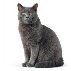A fluffy gray cat with striking yellow eyes sits elegantly against a clean white background
