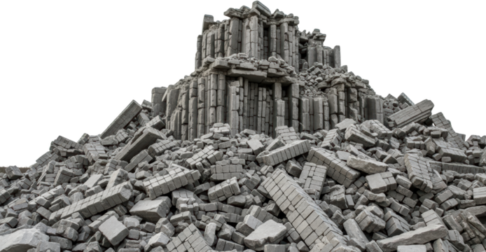 Ruined ancient stone structure with collapsed bricks and debris isolate