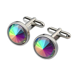 3D render of iridescent titanium cufflinks with polished detail on transparent background
