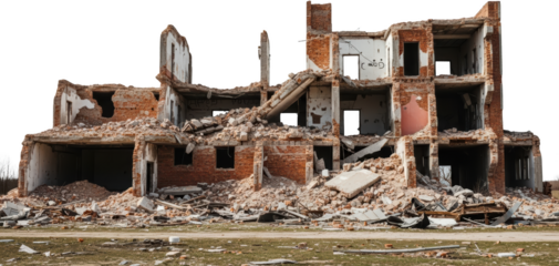 Ruined multi story brick building with debris and broken windows destruction transparent background