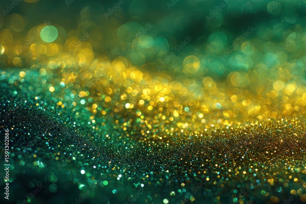 Poster emerald green and gold glitter bokeh background texture. perfect for adding a magical or festive loo