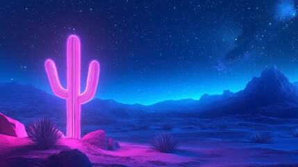Glowing neon pink cactus in a desert landscape under a starry night sky.