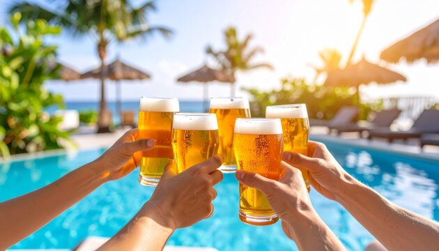 Cheering a glass of beer at a resort inside beach to celebrate International Beer Day - Powered by Adobe
