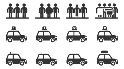 Naklejka premium Collection of Silhouette Icons Representing People, Luggage Handling, and Various Car Design with Car Top Components