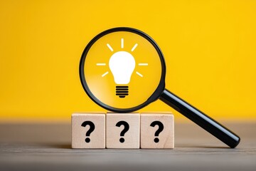 Magnifying Glass with Illuminated Lightbulb Symbol Over Three Question Mark Blocks on Yellow Background
