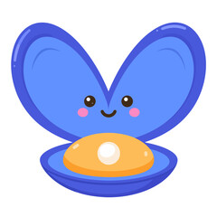 Obraz premium Cute blue mussel character with a smiling kawaii face and a precious white pearl inside its open shell.