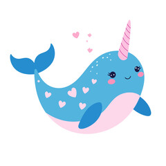 Obraz premium Adorable blue cartoon narwhal with a pink spiral horn and heart patterns. A cute smiling kawaii sea unicorn character with rosy cheeks and floating hearts.