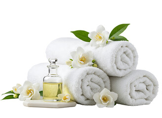 Stack of fluffy grey towels with essential oil bottle and peonies isolated on transparent background