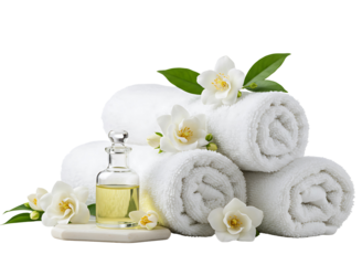 Stack of fluffy grey towels with essential oil bottle and peonies isolated on transparent background