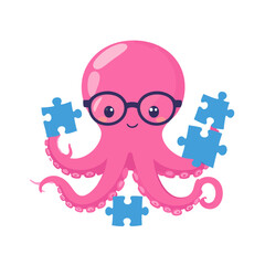 Adorable pink octopus character with glasses holding blue jigsaw puzzle pieces.