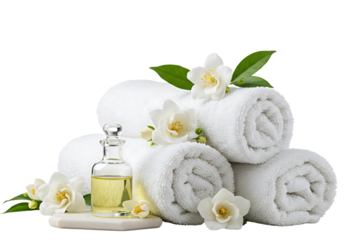 Stack of fluffy grey towels with essential oil bottle and peonies isolated on transparent background