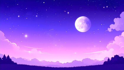 Moonlit night sky over a dark mountain landscape with bright stars