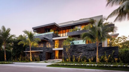Tropical resort hotel at sunset with palm trees against the night sky, featuring a grand villa and lush garden architecture