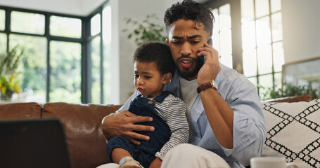 Man, child and phone call for remote work from home with contact, talk and multitasking on sofa. Father, boy and smartphone for networking, listen and freelance consulting on couch at family house