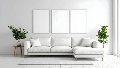 Bright White Minimalist Living Room Interior with White Sofa and Potted Plants