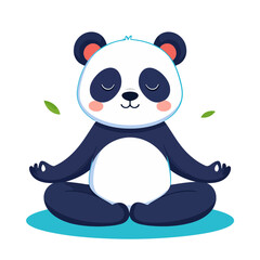 Cute cartoon panda bear meditating peacefully in a lotus yoga pose with a calm expression.