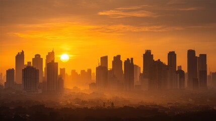 Golden sunrise over a hazy city skyline