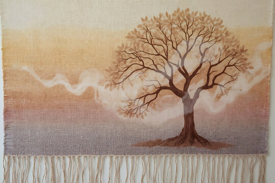 Handwoven Tapestry in Yellow to Lavender Ombre with Dreamy Tree and Watercolor Leaves, AI-generated
