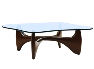 Modern wooden coffee table with a smooth oval glass top isolated on transparent background