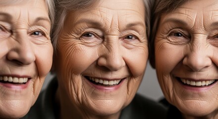 Three elderly women with short gray hair are smiling broadly, their faces showing wrinkles and expressions of joy and happiness.