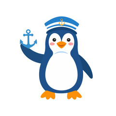 Cute cartoon penguin character in a blue sailor hat with a golden emblem, holding a large blue anchor and looking sad.