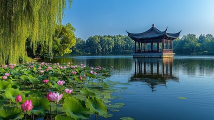 Summer Classical Garden Landscape with Blooming Lotuses under Willow Trees by Lake, Ancient Pavilion Amidst Lush Foliage under Blue Sky, Panoramic Serene View for Travel Promotion, Wallpaper Designs o