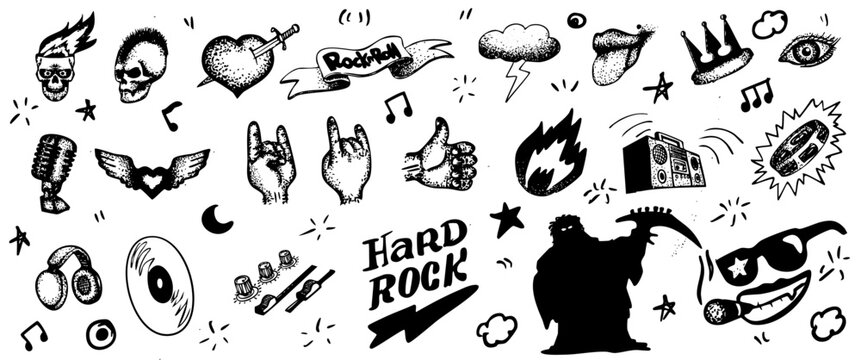 Doodle Rock Punk Tattoo Icons Set – Grunge Y2K Vector Elements