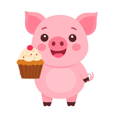 Adorable cartoon piglet with a cheerful expression holding a sweet cupcake with vanilla frosting and a red cherry.