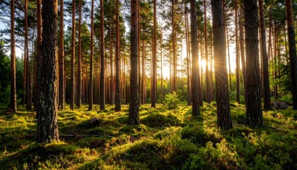 Sunlight streams through a pine forest