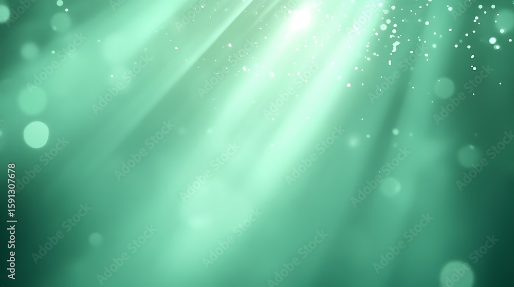 Poster abstract light rays shining through green haze with bokeh effect