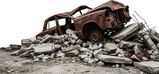 Fototapeta premium Rusty wrecked car engulfed in rubble and debris isolated on black Ruined transparent background