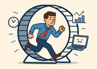 Flat illustration of tired businessman running inside hamster wheel, symbolizing burnout and lack of work-life balance