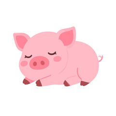 Fototapeta premium A cute pink piglet lying down with closed eyes, rosy cheeks, and a curly tail.