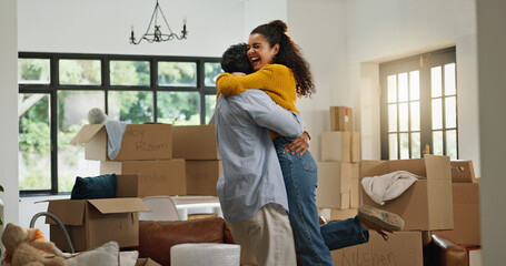 Hug, success and moving with couple in new home for property, support and mortgage approval. Real...