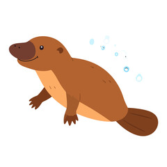 Charming brown cartoon platypus swimming happily. An adorable aquatic mammal with a duck-bill, webbed feet, and a flat tail.